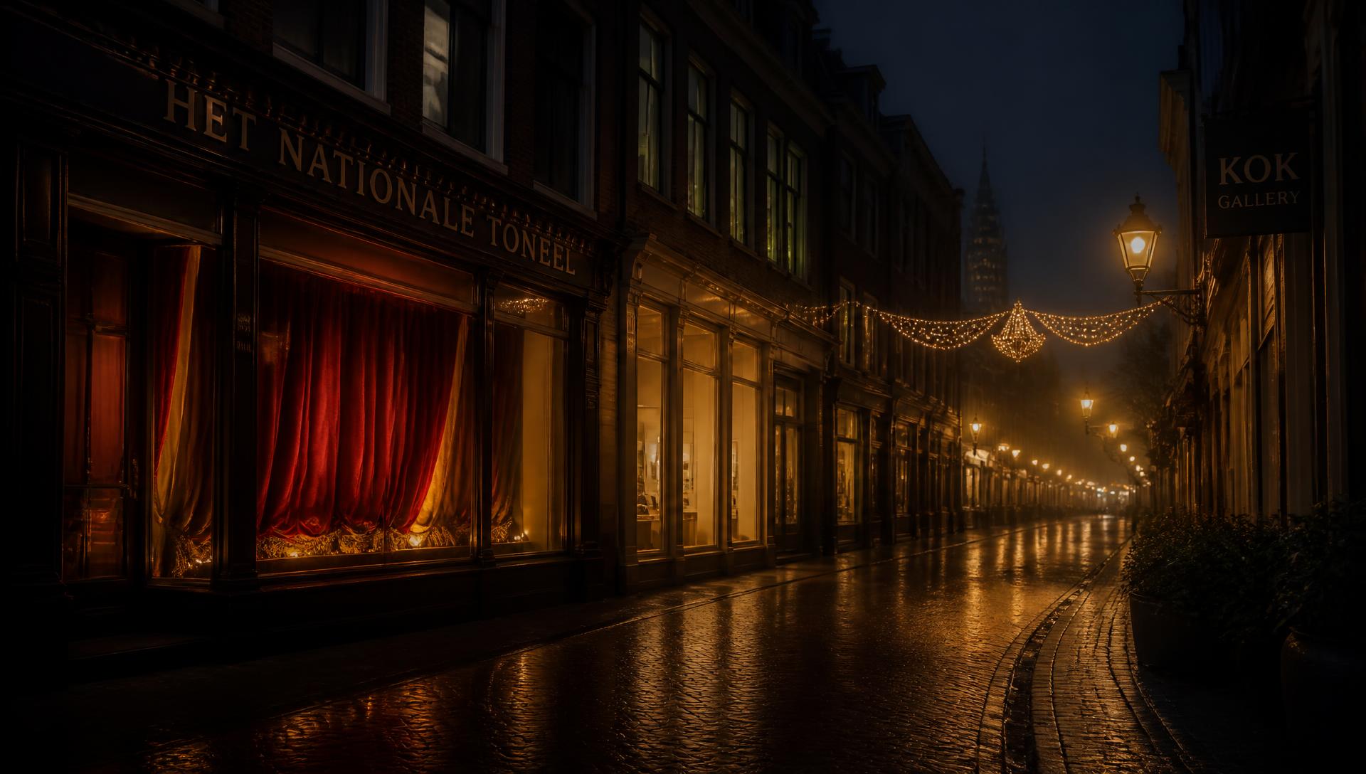 Theatraal verlichte winkelstraat met een rood theaterdoek achter een etalage
